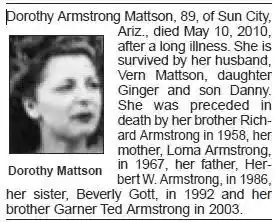 Death of Dorothy Armstrong Mattson-May 10, 2010 (